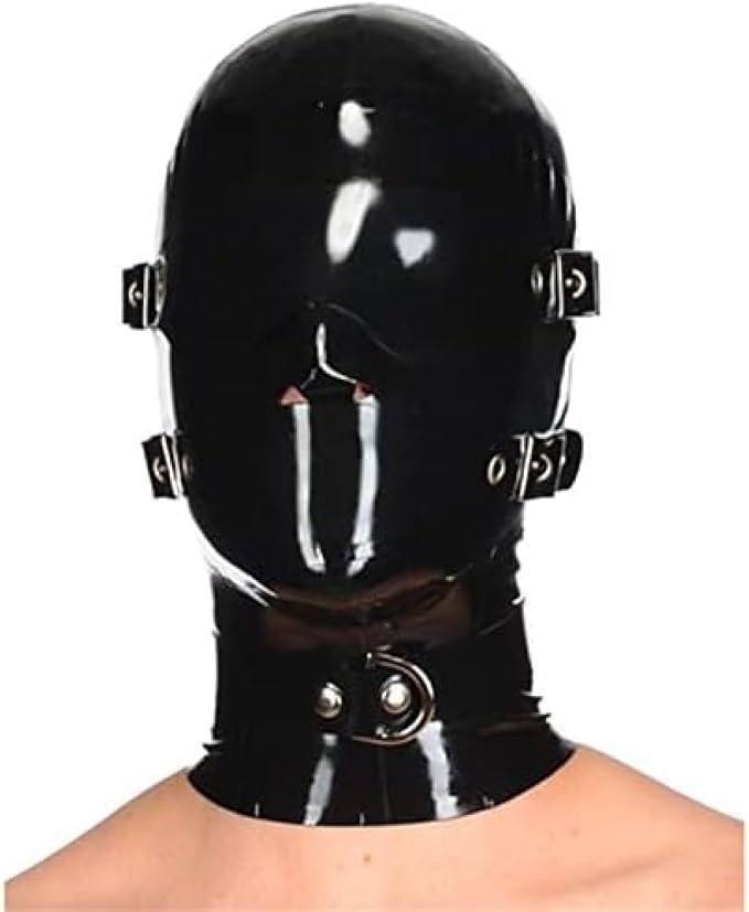 Black Removable Eye-Mouth Patch Collar Latex Hood