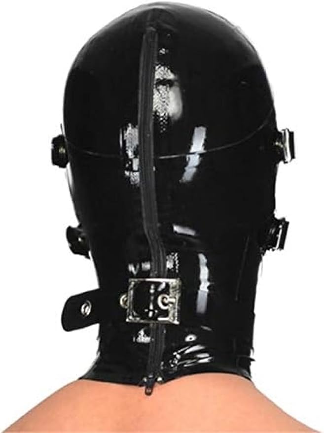 Black Removable Eye-Mouth Patch Collar Latex Hood