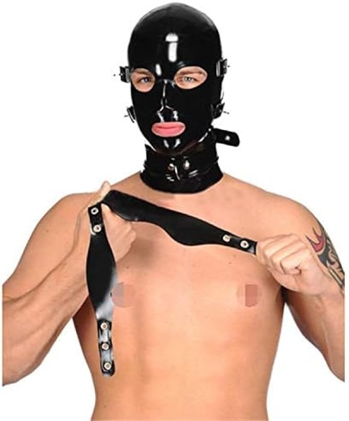 Black Removable Eye-Mouth Patch Collar Latex Hood
