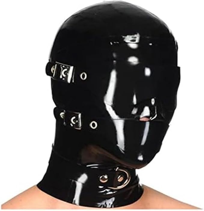 Black Removable Eye-Mouth Patch Collar Latex Hood