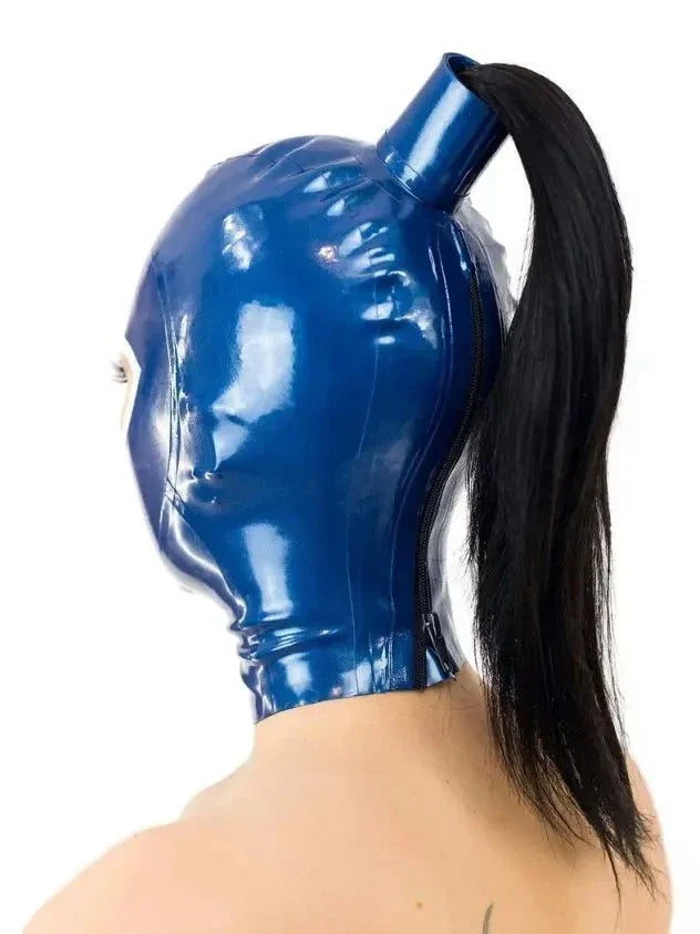 Blue White-Trim Ponytail Open-Face Latex Hood