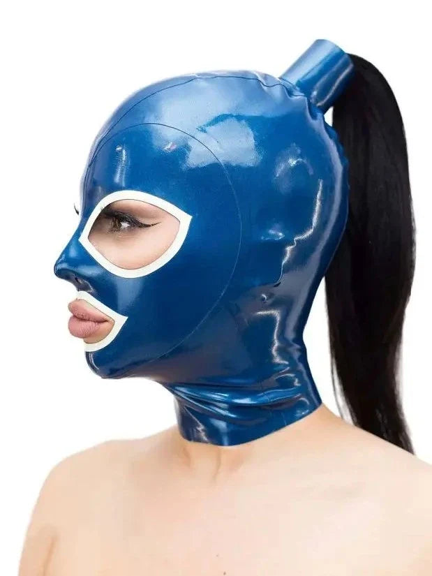 Blue White-Trim Ponytail Open-Face Latex Hood