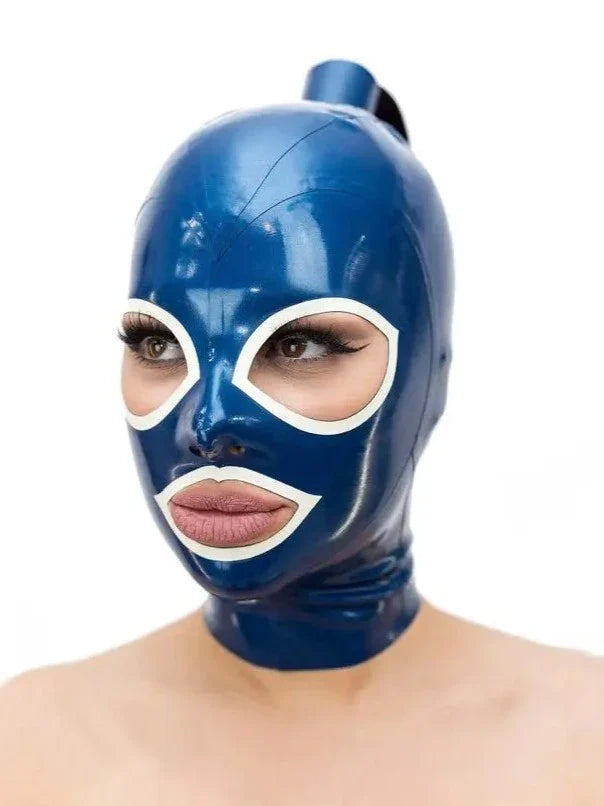 Blue White-Trim Ponytail Open-Face Latex Hood