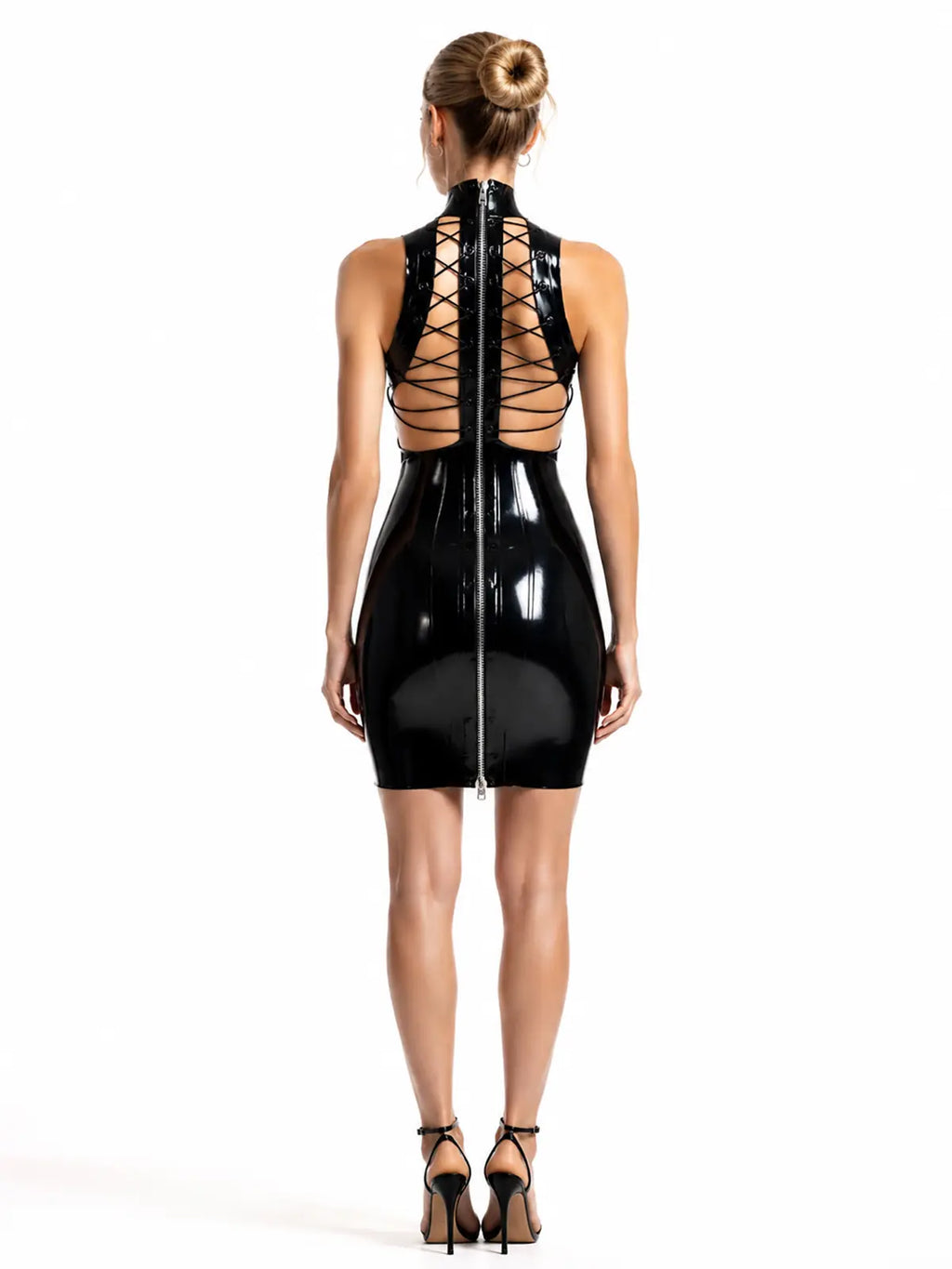 Black High-Collar Lace-Up Back-Zip Latex Dress