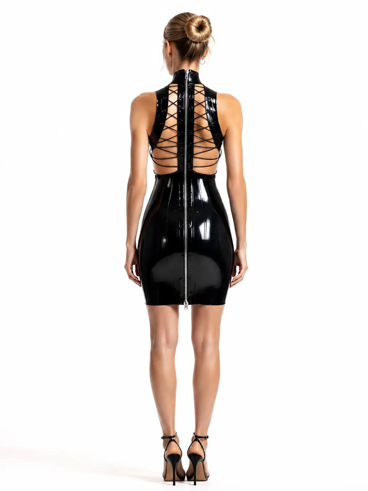 Black High-Collar Lace-Up Back-Zip Latex Dress
