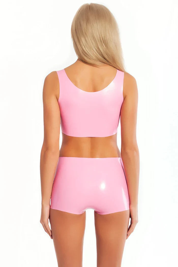 Pink Seam-Shaped Pull-On Latex Top Shorts Set