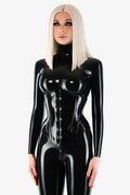 Black Double-Layer Busk-Front Lace-Up Latex Corset