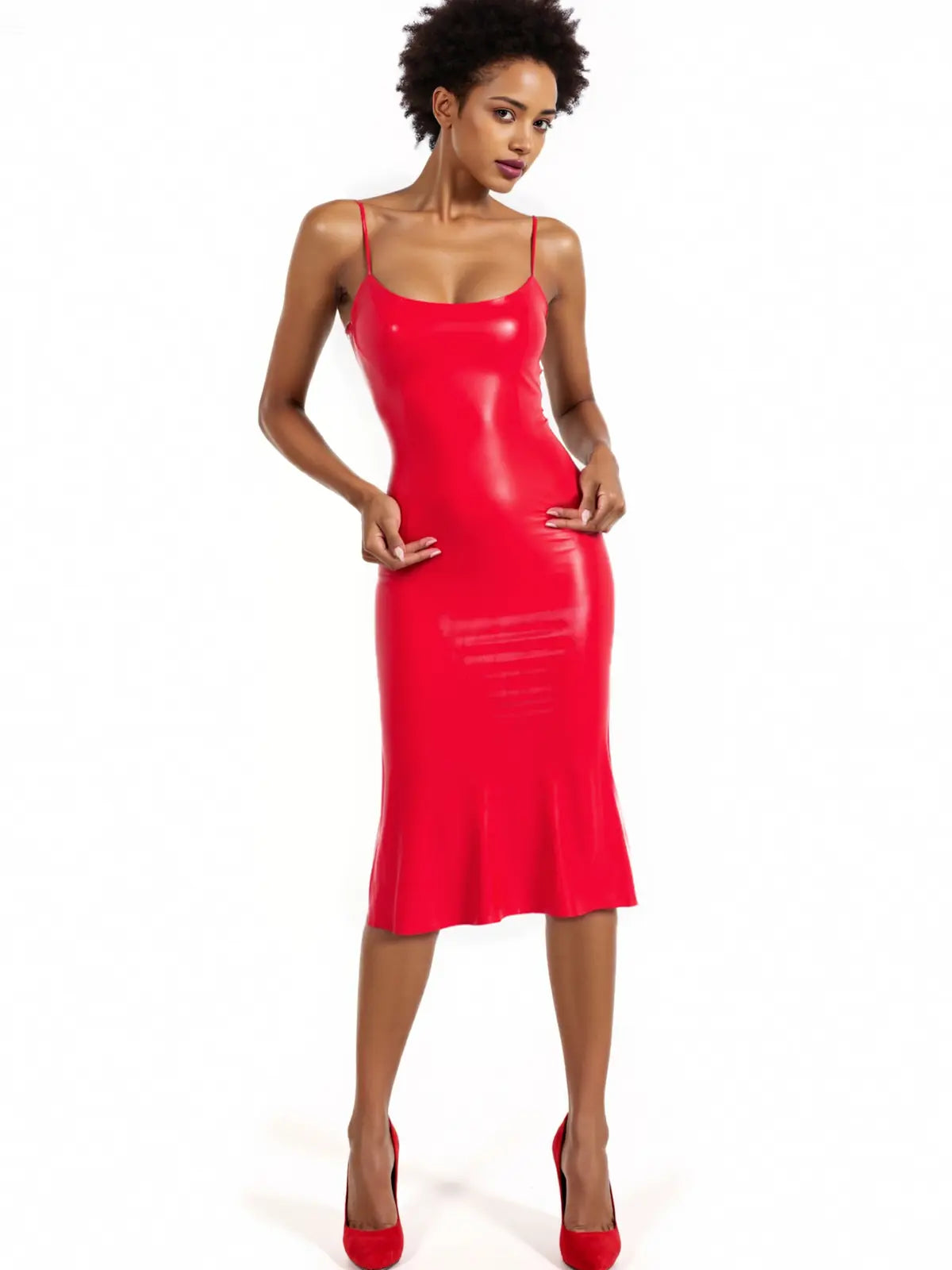 Red Scoop-Neck Spaghetti-Strap Back-Slit Latex Midi Dress