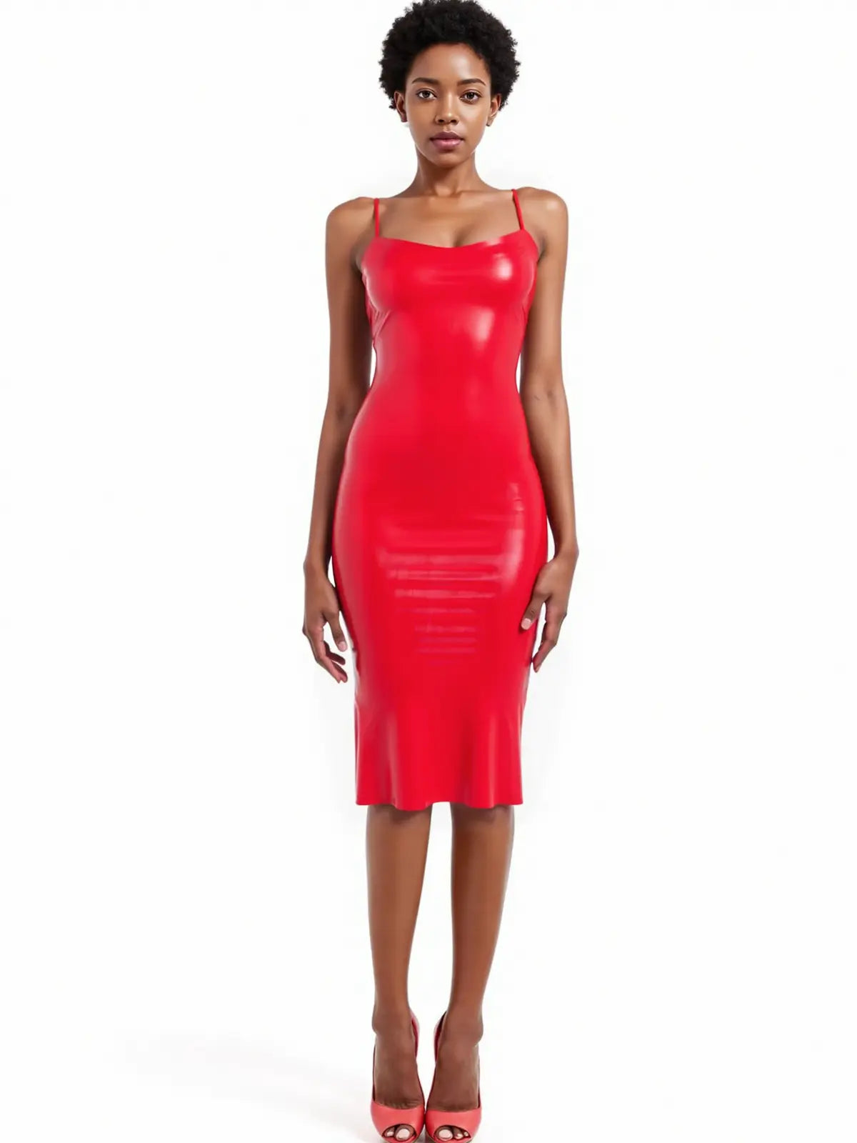 Red Scoop-Neck Spaghetti-Strap Back-Slit Latex Midi Dress