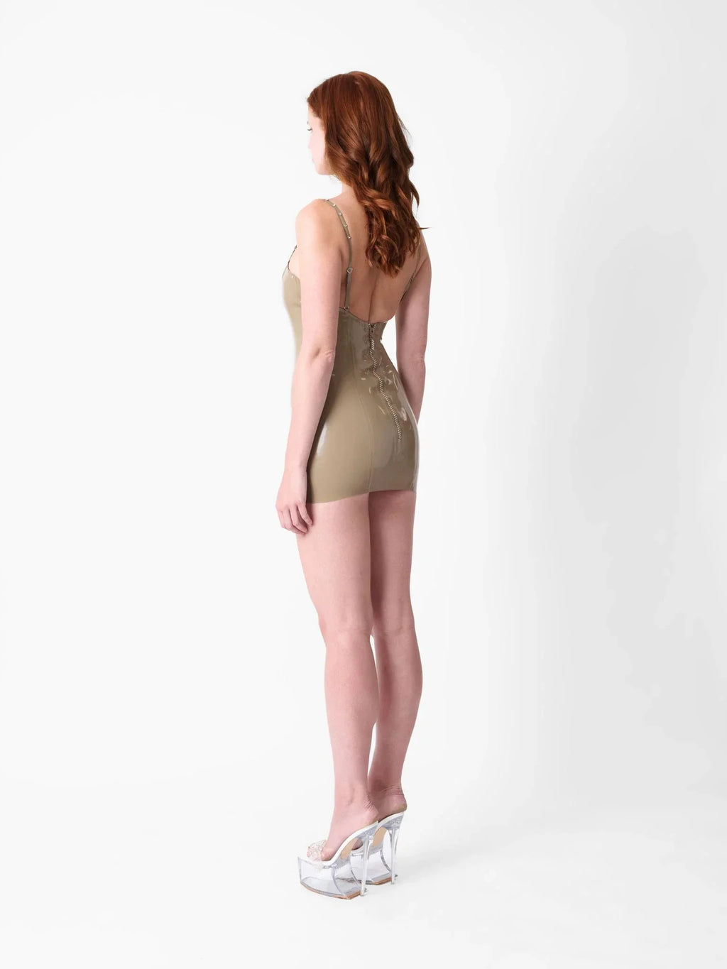 Taupe Rhinestone-Strap Bodycon Latex Micro Dress