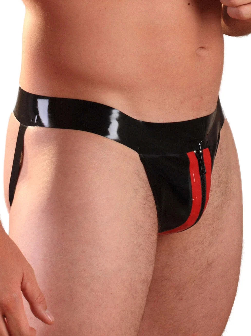 Black Striped Front-Zip Latex Shorts