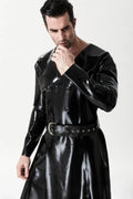 Black Swinger Double-Breasted Wide-Lapel Belt-Loop Flared Knee-Length Latex Overcoat