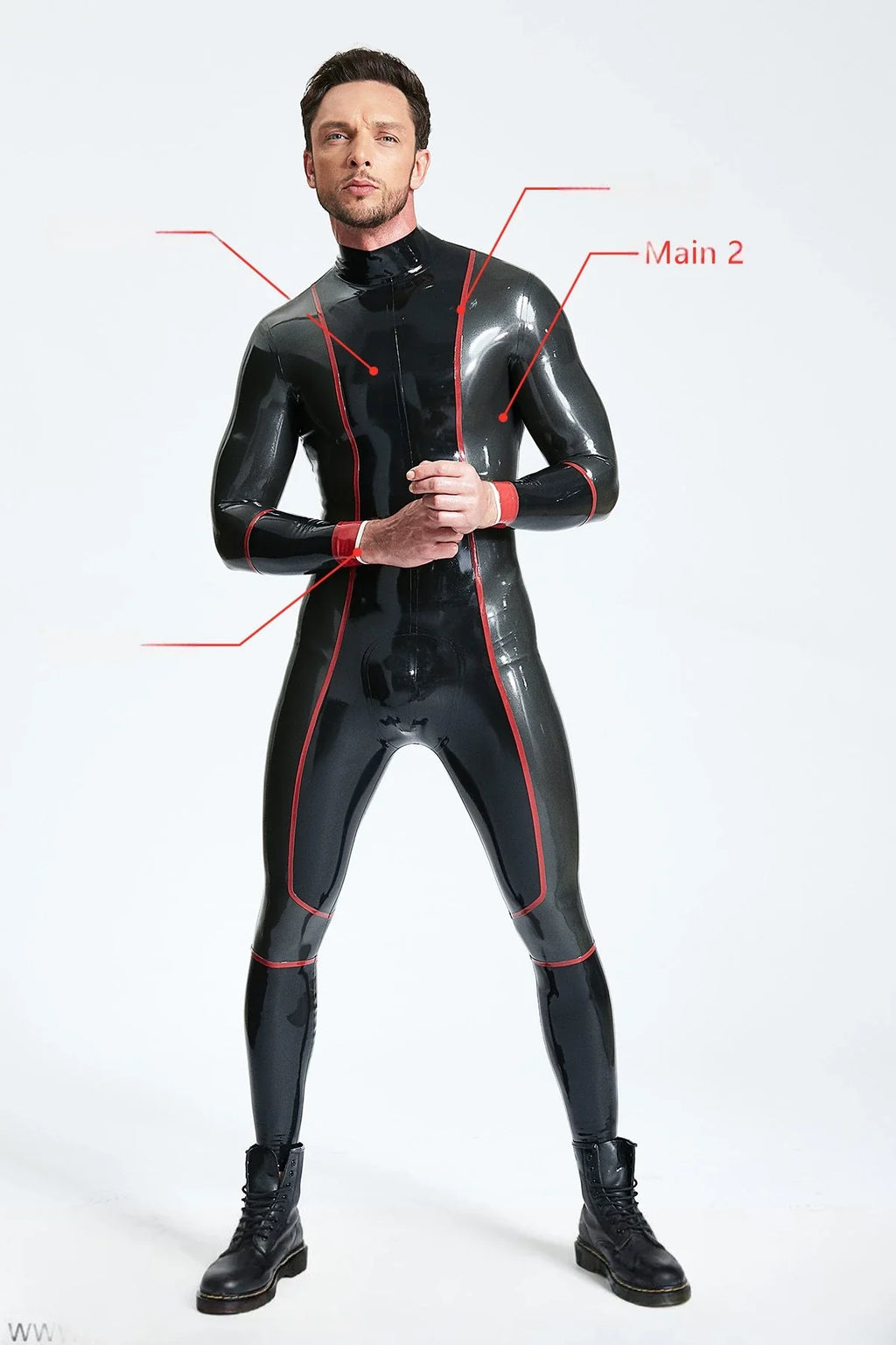 Black Metallic-Pewter Red White Panelled Back-Zip Latex Catsuit