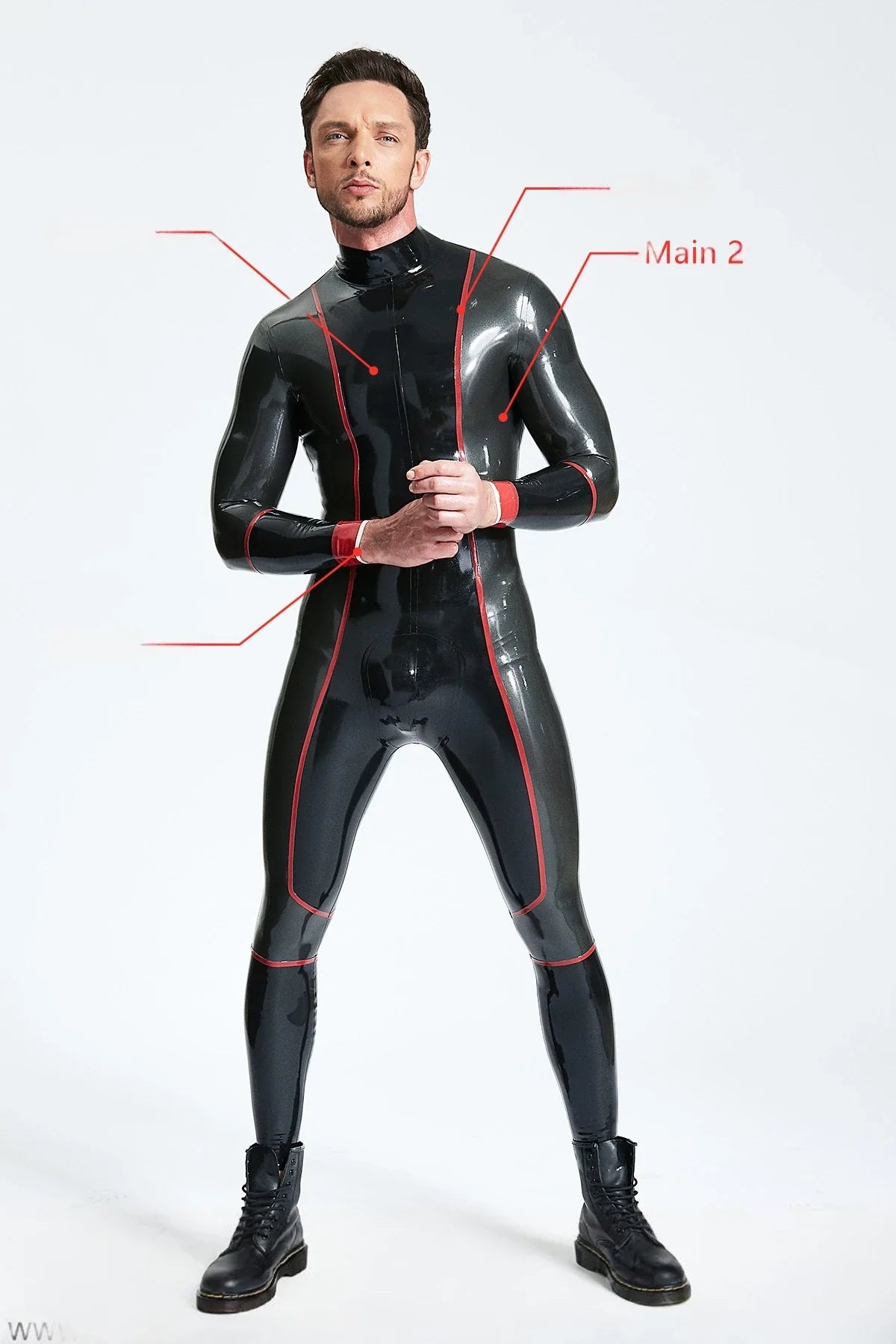Black Metallic-Pewter Red White Panelled Back-Zip Latex Catsuit