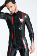 Black Metallic-Pewter Red White Panelled Back-Zip Latex Catsuit