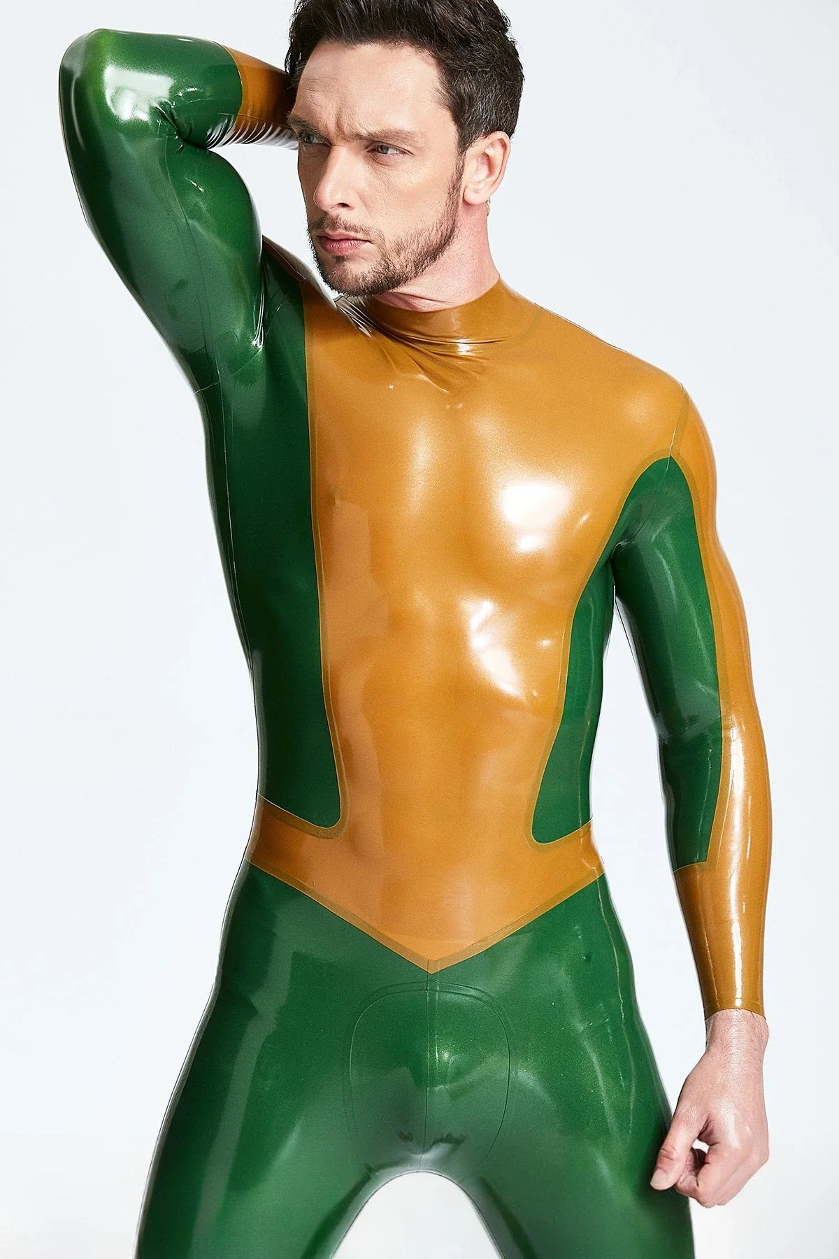 Metallic Bronze Metallic Green Arrowhead Back-Zip Latex Catsuit