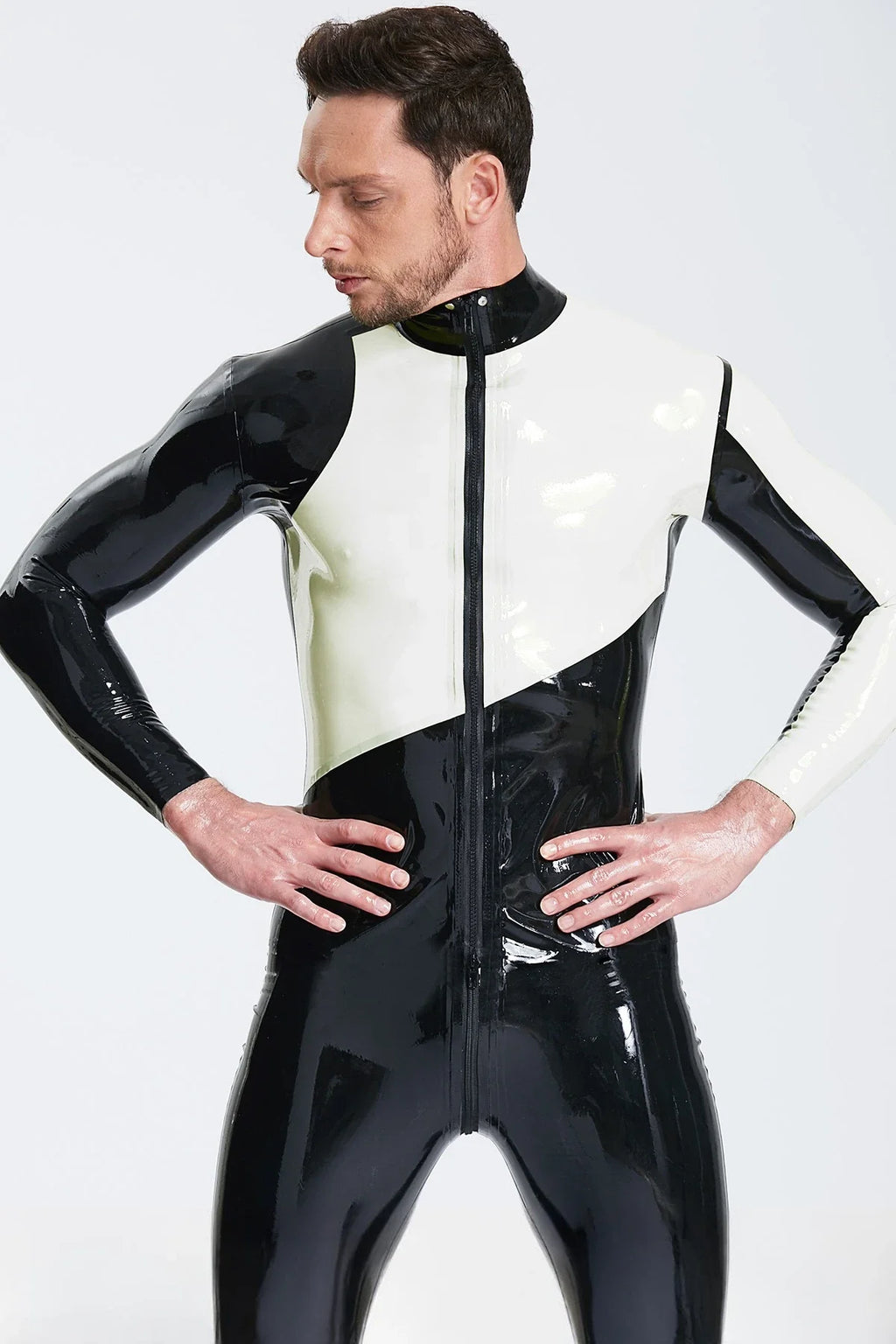 Black White Asymmetric-Panel Three-Way Through-Crotch-Zip Latex Catsuit