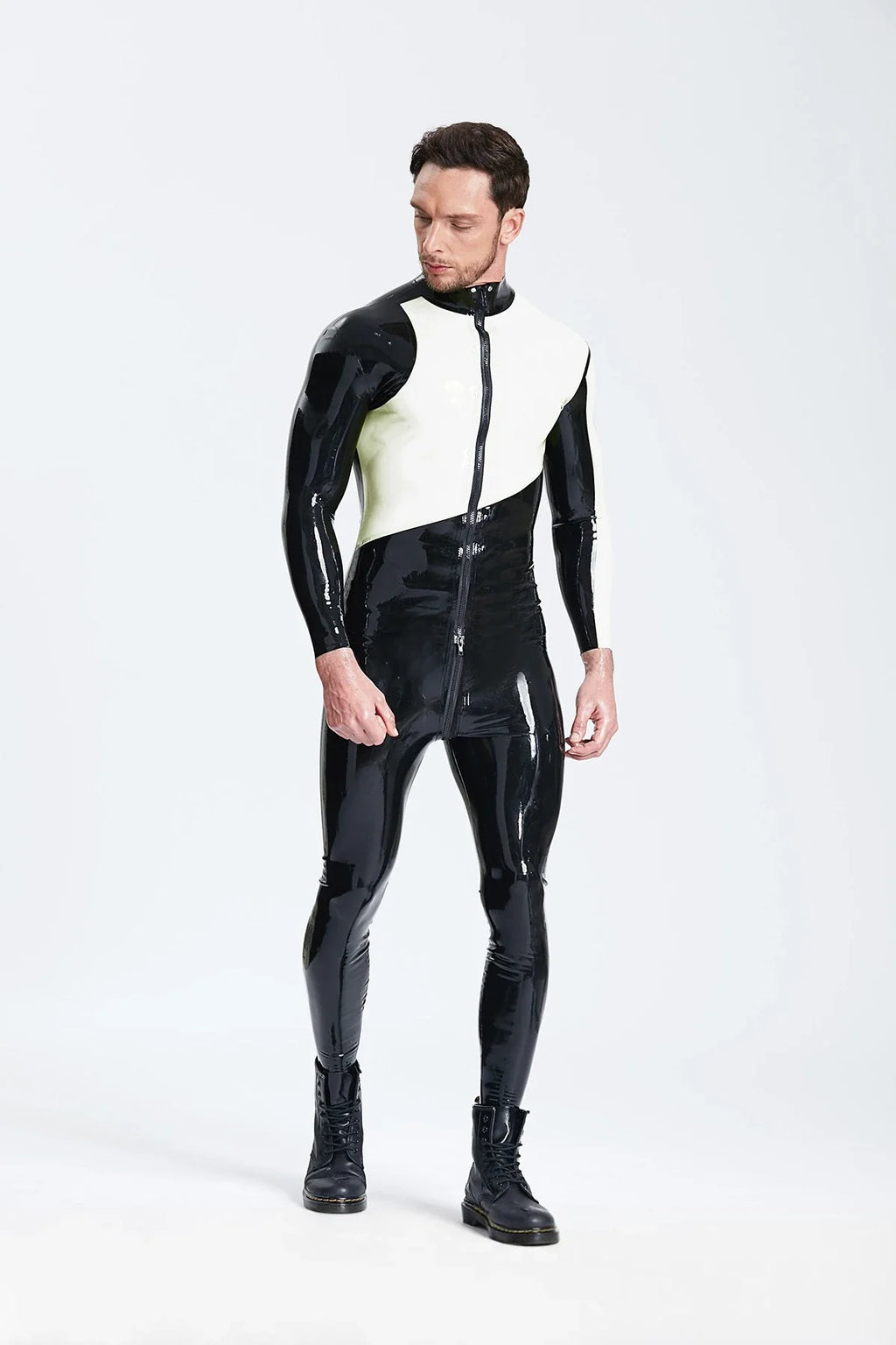 Black White Asymmetric-Panel Three-Way Through-Crotch-Zip Latex Catsuit