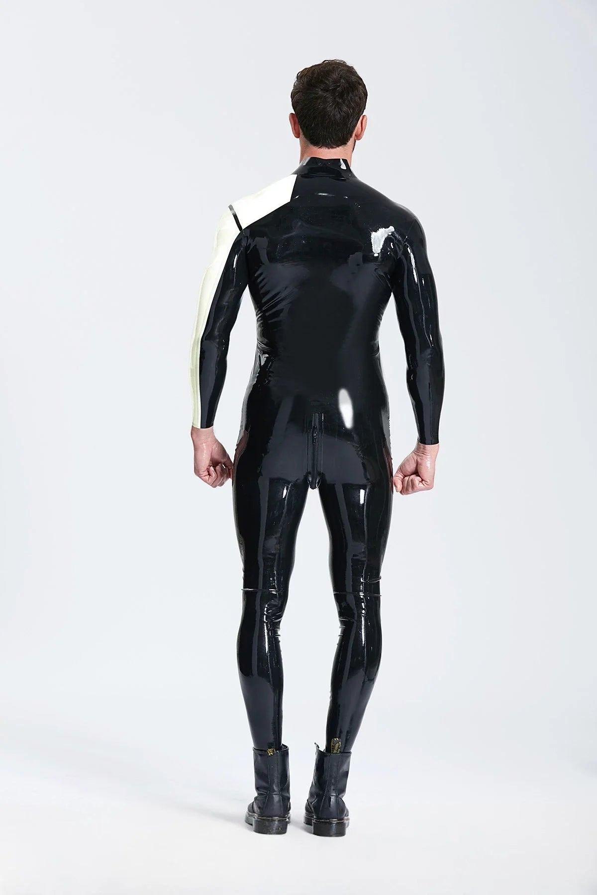 Black White Asymmetric-Panel Three-Way Through-Crotch-Zip Latex Catsuit