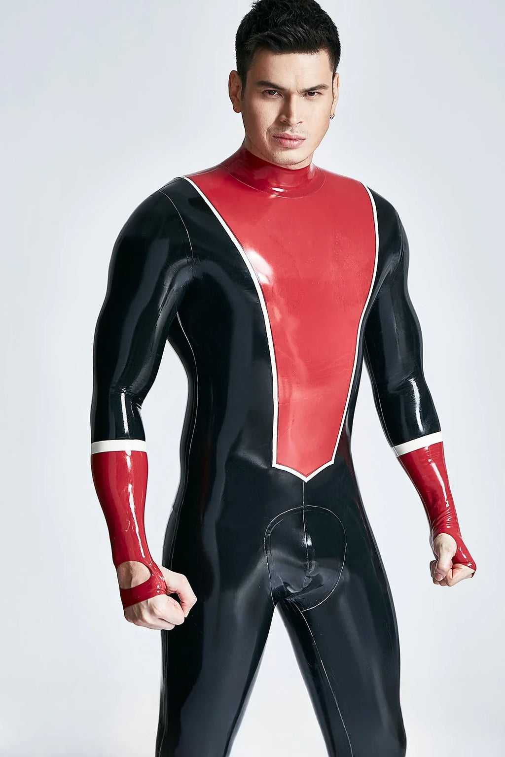 Black Red White Baseball-Look Back-Zip Latex Catsuit