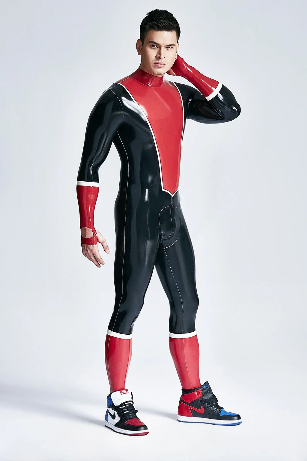 Black Red White Baseball-Look Back-Zip Latex Catsuit