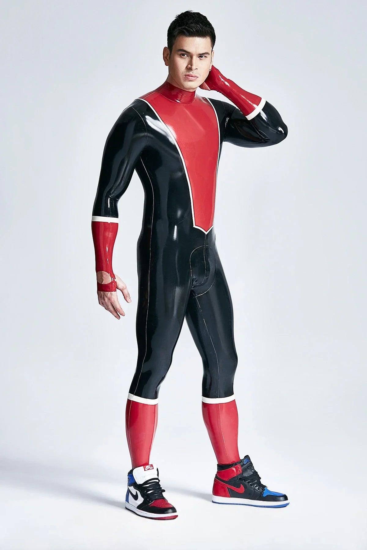 Black Red White Baseball-Look Back-Zip Latex Catsuit