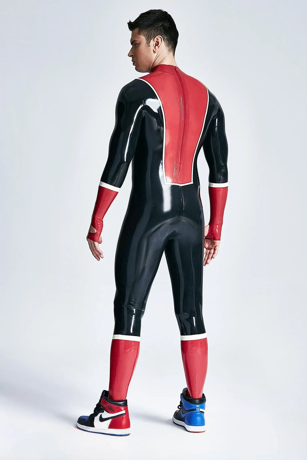 Black Red White Baseball-Look Back-Zip Latex Catsuit