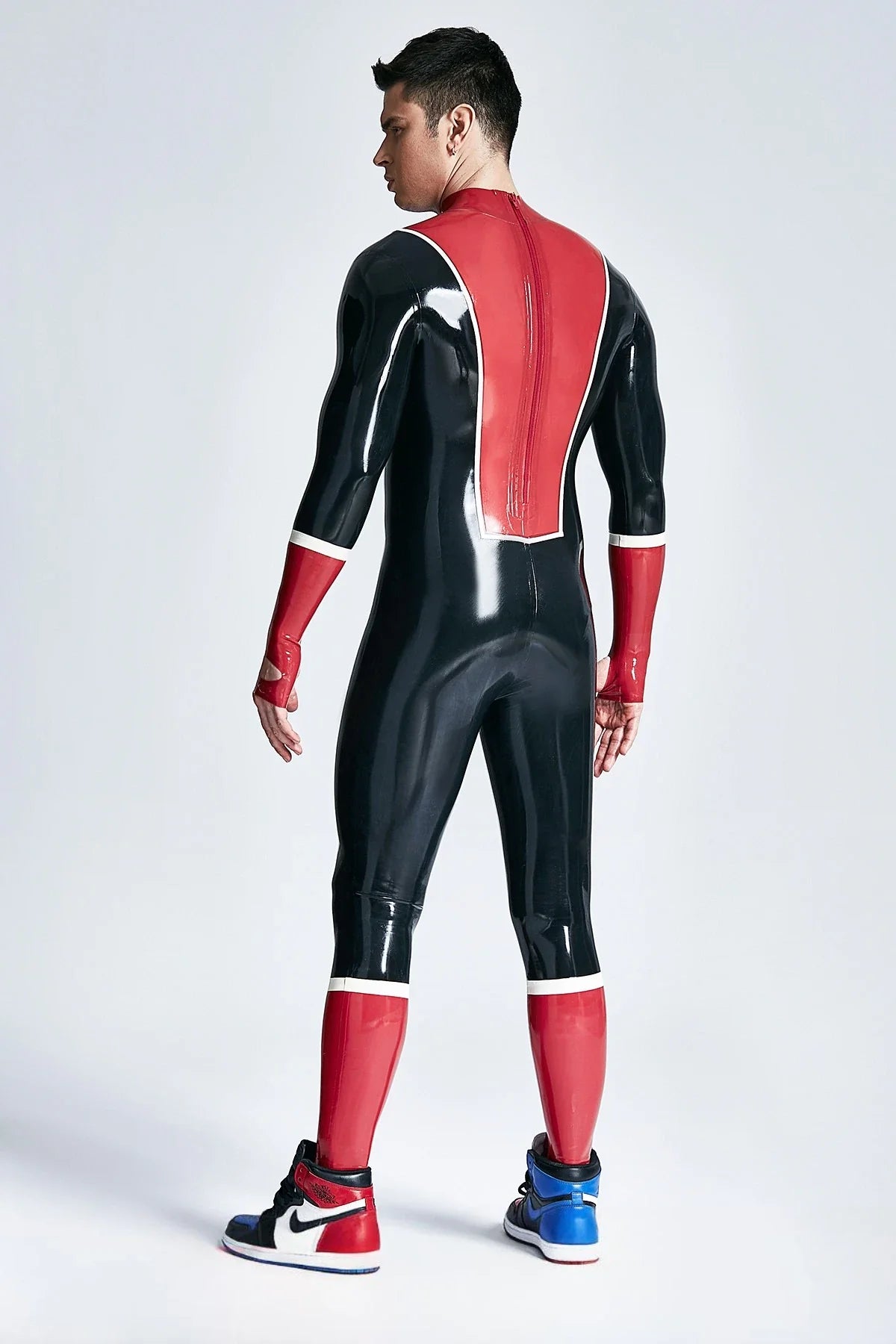 Black Red White Baseball-Look Back-Zip Latex Catsuit