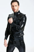 Black High-Neck Epaulette Front-Zip Latex Bomber Jacket