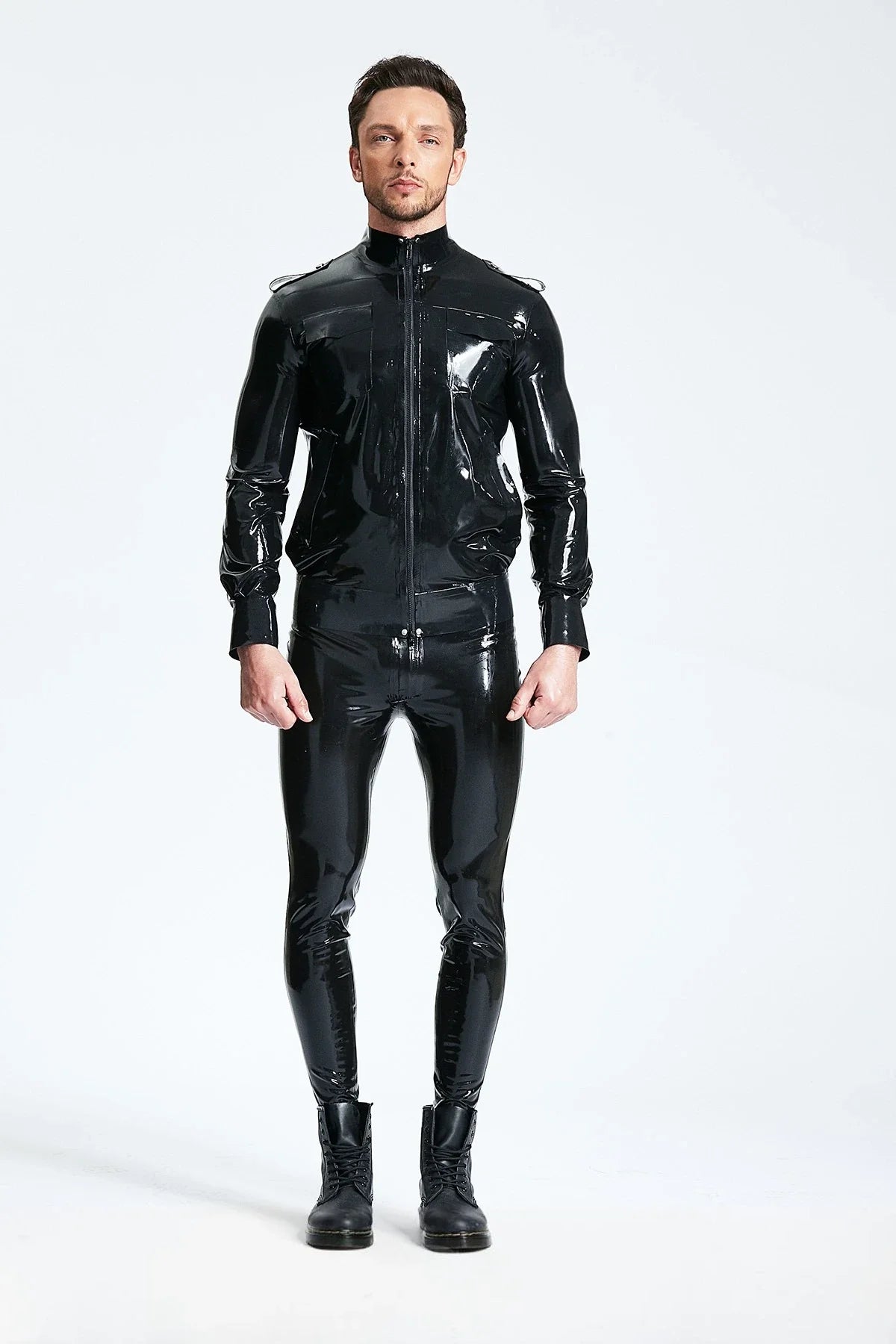 Black High-Neck Epaulette Front-Zip Latex Bomber Jacket