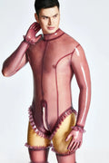 Translucent Lilac Frilled Neck-Entry Through-Zip Latex Catsuit