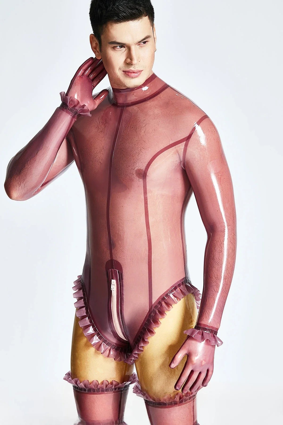 Translucent Lilac Frilled Neck-Entry Through-Zip Latex Catsuit