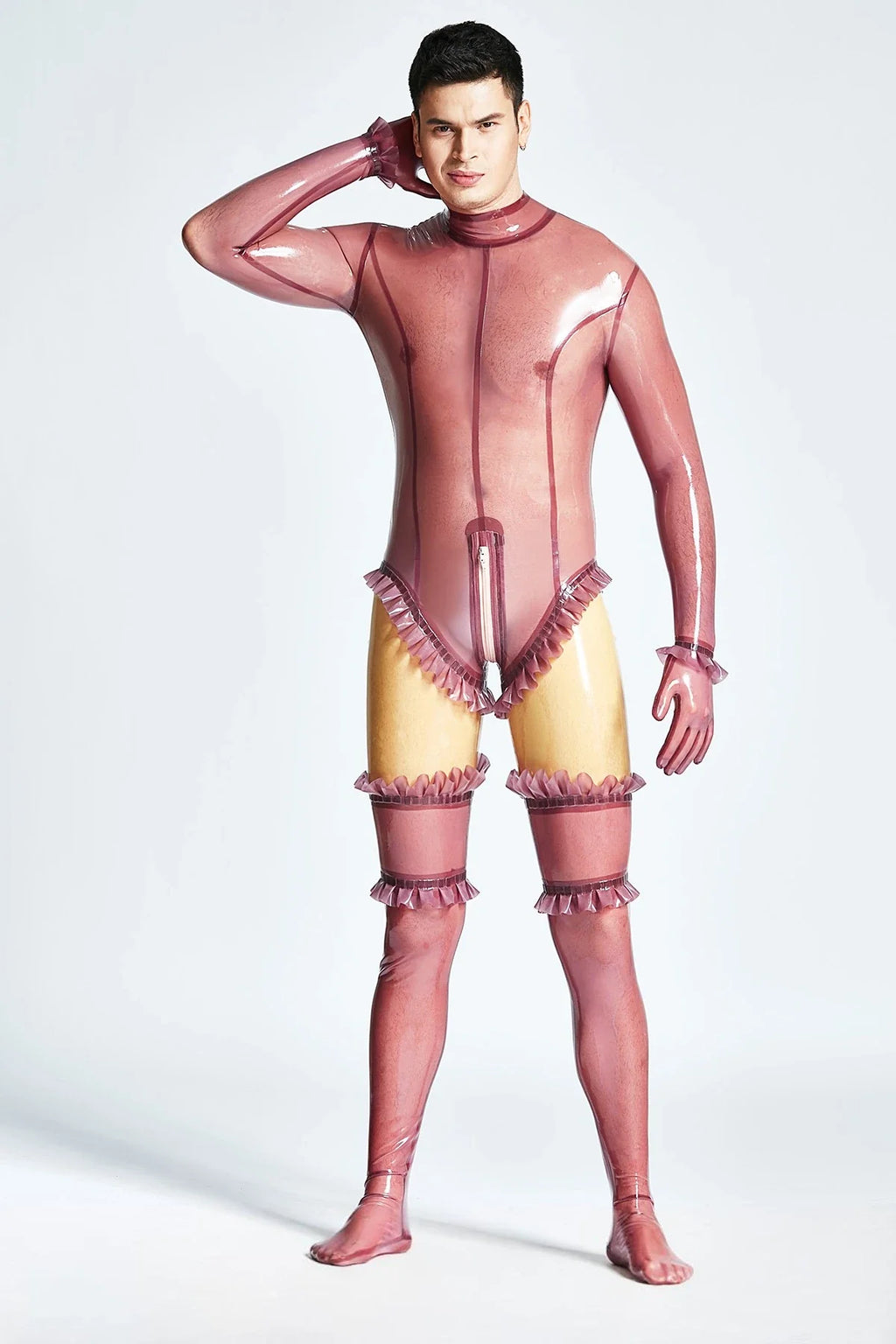 Translucent Lilac Frilled Neck-Entry Through-Zip Latex Catsuit