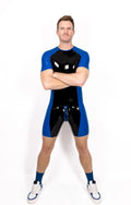 Black & Royal Blue Two-Tone Codpiece Back-Zip Latex Surfsuit