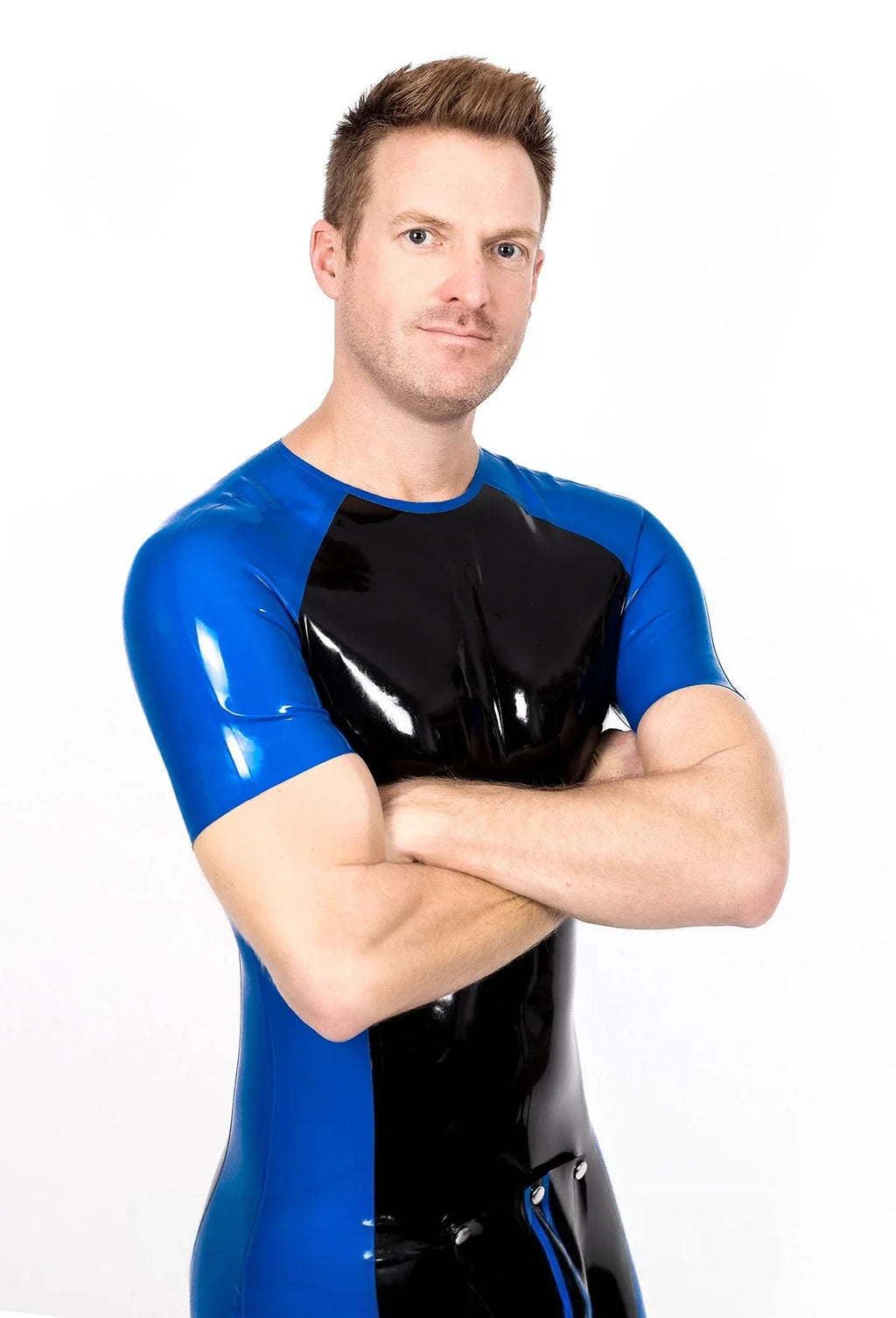 Black & Royal Blue Two-Tone Codpiece Back-Zip Latex Surfsuit