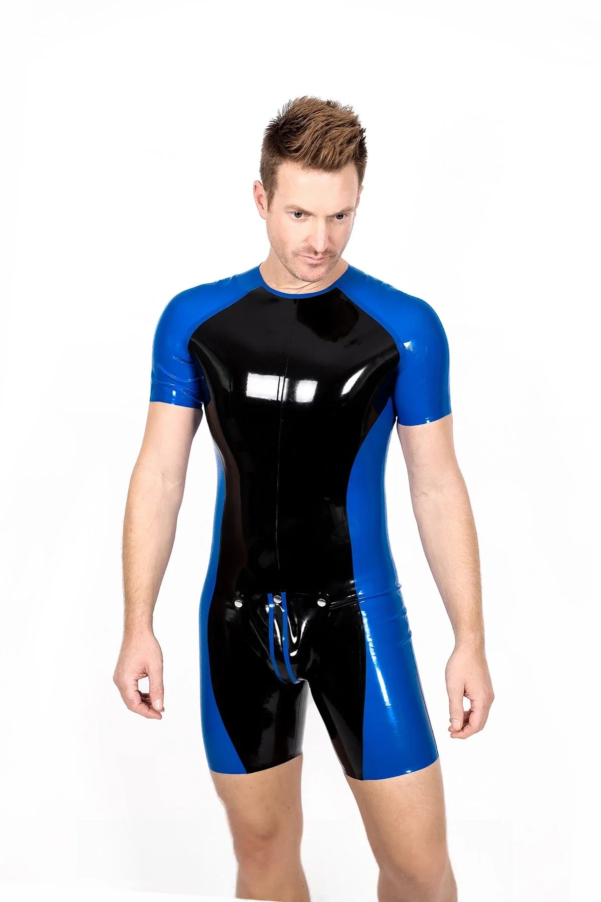 Black & Royal Blue Two-Tone Codpiece Back-Zip Latex Surfsuit