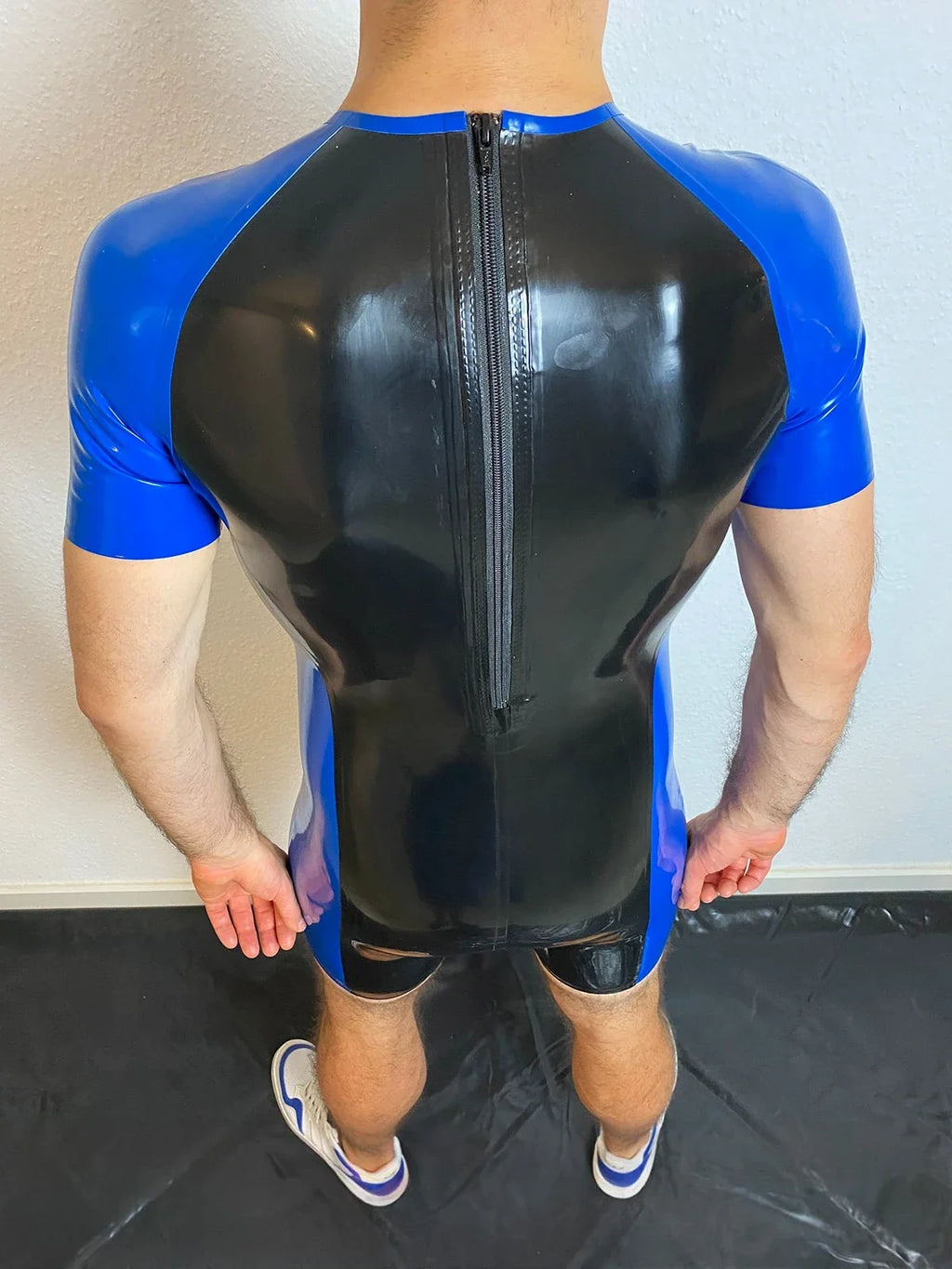 Black & Royal Blue Two-Tone Codpiece Back-Zip Latex Surfsuit