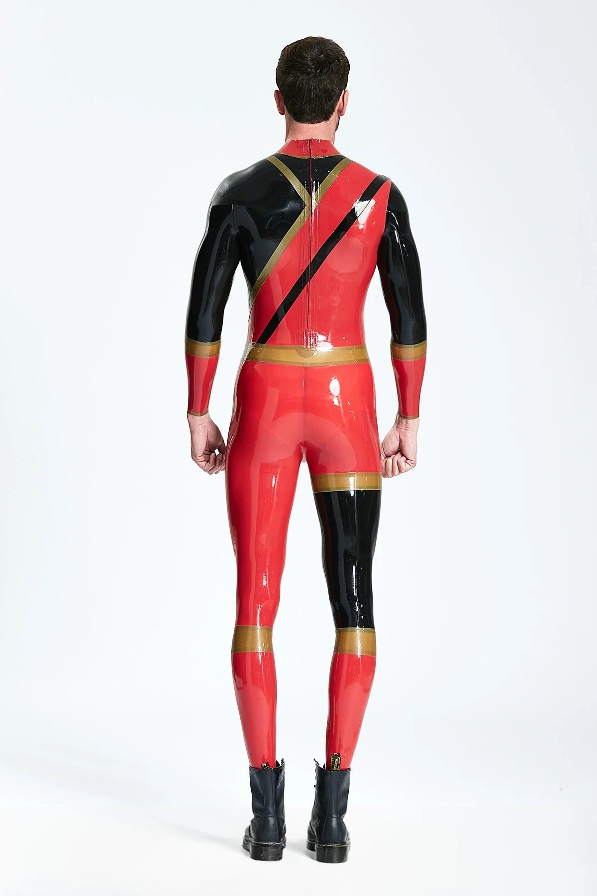 Red Black Gold Cogwheel-Shoulder Back-Zip Latex Catsuit