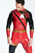 Red Black Gold Cogwheel-Shoulder Back-Zip Latex Catsuit