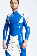 Middle Blue White-Stripe Spinal-Panel Front-Zip Latex Catsuit