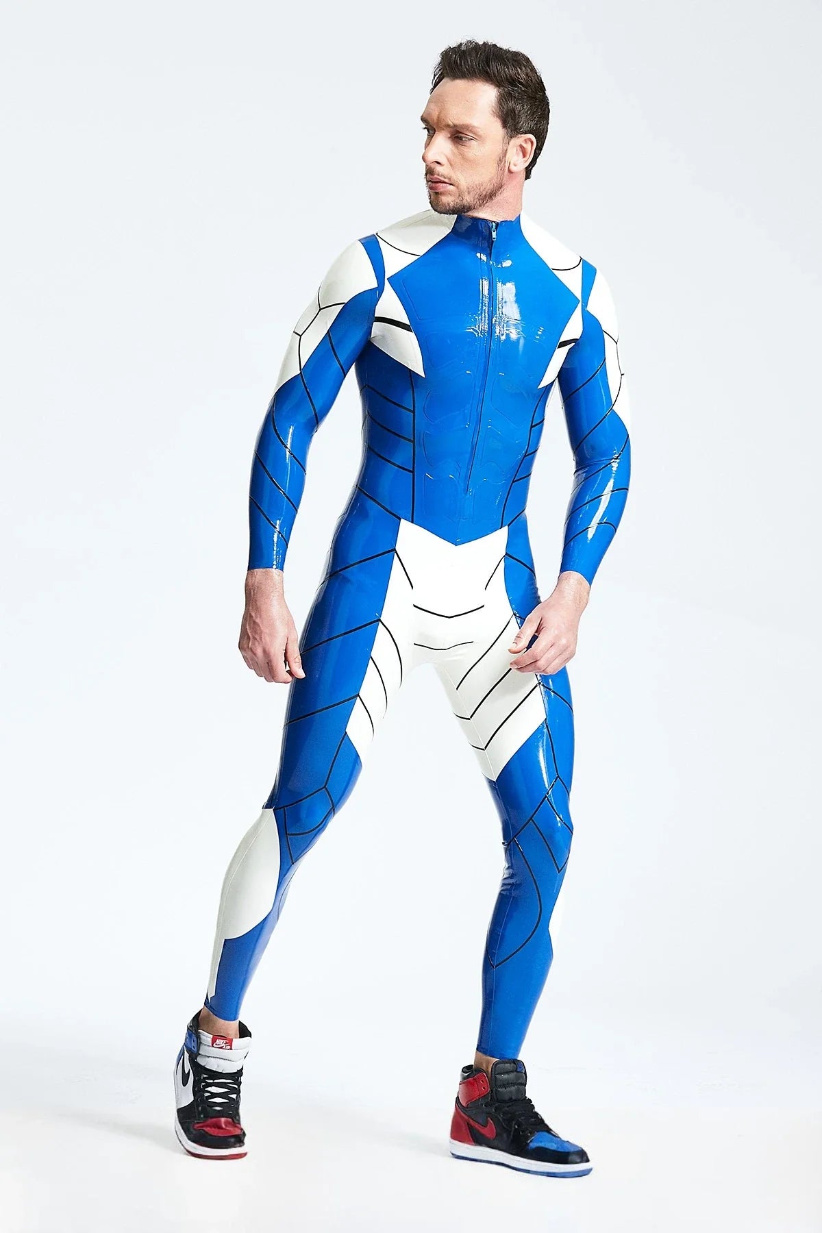 Middle Blue White-Stripe Spinal-Panel Front-Zip Latex Catsuit