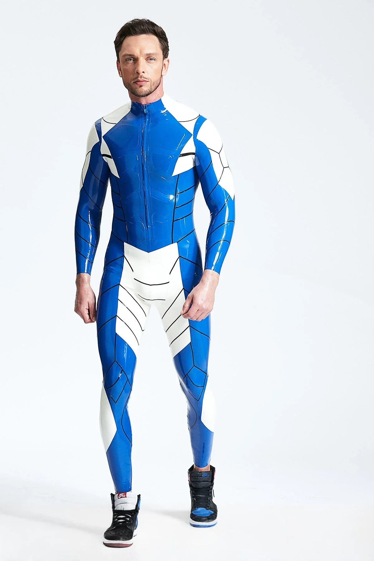 Middle Blue White-Stripe Spinal-Panel Front-Zip Latex Catsuit
