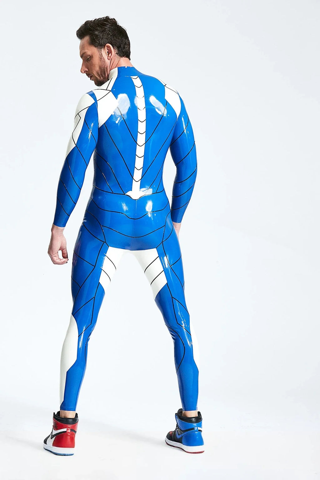 Middle Blue White-Stripe Spinal-Panel Front-Zip Latex Catsuit
