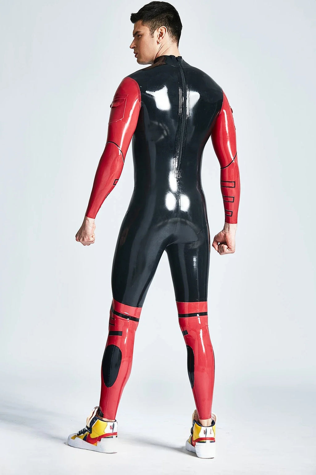 Black Red Defender Back-Zip Latex Catsuit