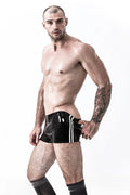 Black & White Double Side-Stripe Pouch-Front No-Zip Low-Waist Latex Shorts