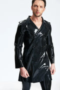 Black Double-Breasted Three-Quarter Buttoned Latex Trench Coat