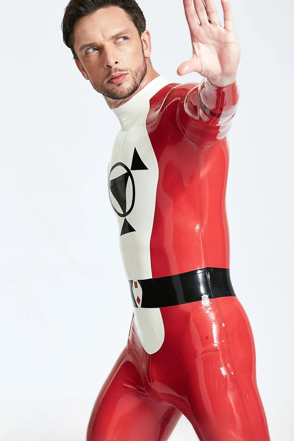 Red White Black Drone Back-Zip Latex Catsuit