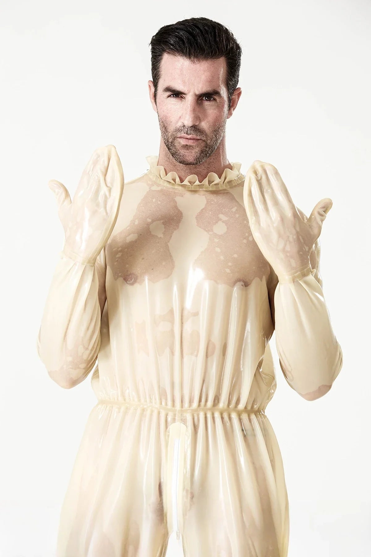 Translucent Natural 'Frivolous' Frilled 2-Way Through-Zip Latex Playsuit
