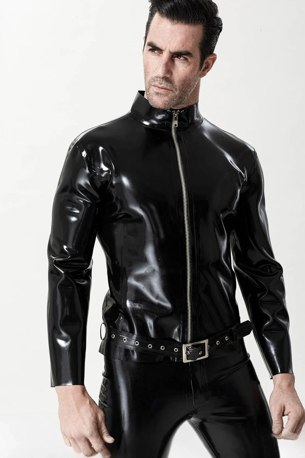Black Belted High-Neck Front-Zip Latex Motorcycle Jacket