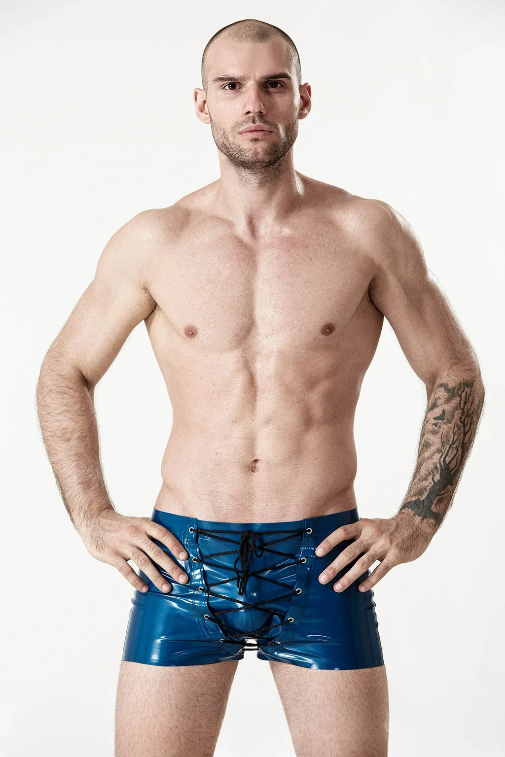 Metallic Blue Front-Laced Wide-Opening Low-Waist Latex Shorts